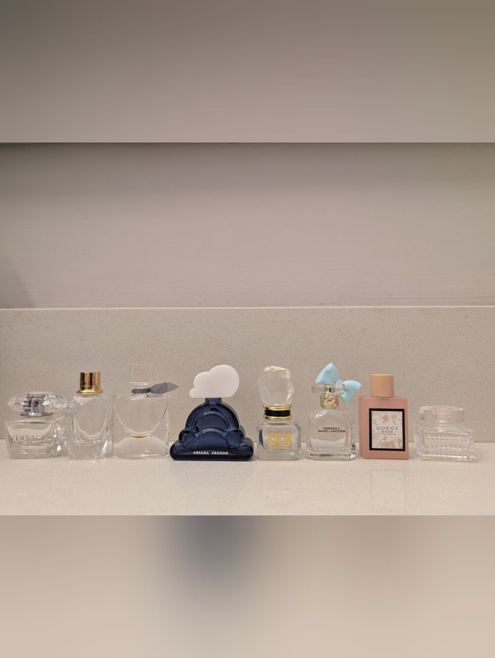 8 Designer Brand Mini Perfume Bottle Display - Clear, Navy, Gold, Pink